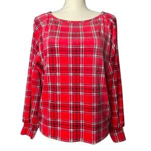 LOFT Women's Velour Blouse in Christmas Red Plaid w/Full Sleeves Size Small